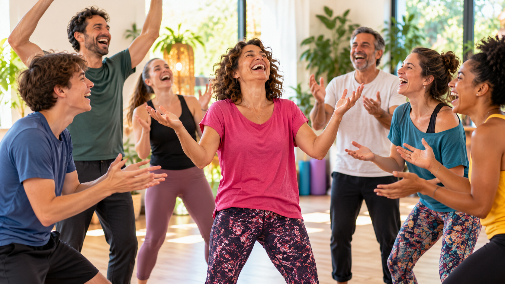 Yoga du rire : des adultes de différents âges partagent une séance de rire.